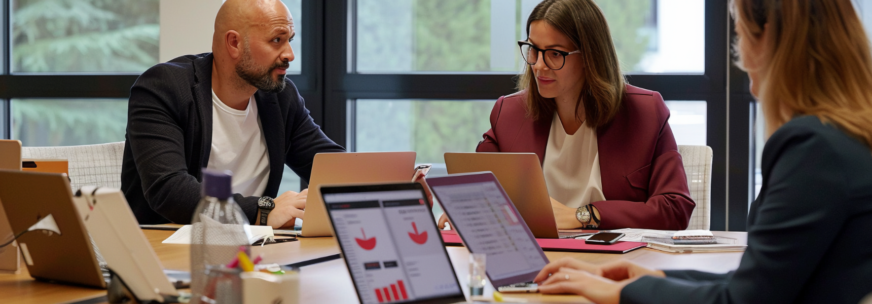 Grupo de consultores de negocios trabajando en equipo en una mesa con portátiles, discutiendo datos financieros mostrados en gráficos. El equipo colabora en una oficina moderna, enfocándose en estrategias de crecimiento empresarial. Imagen representando 20 años de experiencia en consultoría de negocios