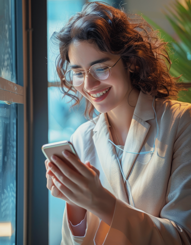 Mujer joven con gafas y auriculares sonríe mientras utiliza su móvil, posiblemente interactuando con una aplicación de inteligencia artificial como ChatGPT. La escena está iluminada con luz natural, y la mujer parece estar en una conversación o disfrutando de una experiencia digital. Contexto tecnológico y amigable